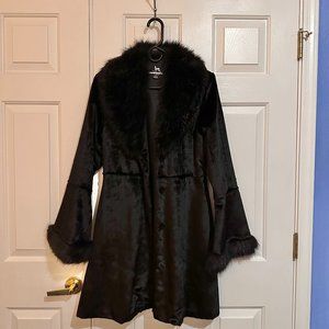 Blanc Noir Vintage Black Faux Velvet Fur Evening Party Cocktail Holiday Coat